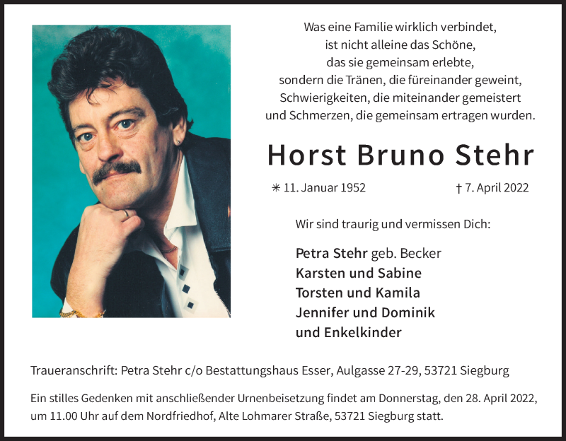  Traueranzeige für Horst Bruno Stehr vom 23.04.2022 aus Kölner Stadt-Anzeiger / Kölnische Rundschau / Express