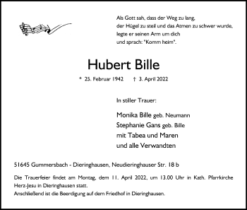 Anzeige von Hubert Bille von Kölner Stadt-Anzeiger / Kölnische Rundschau / Express