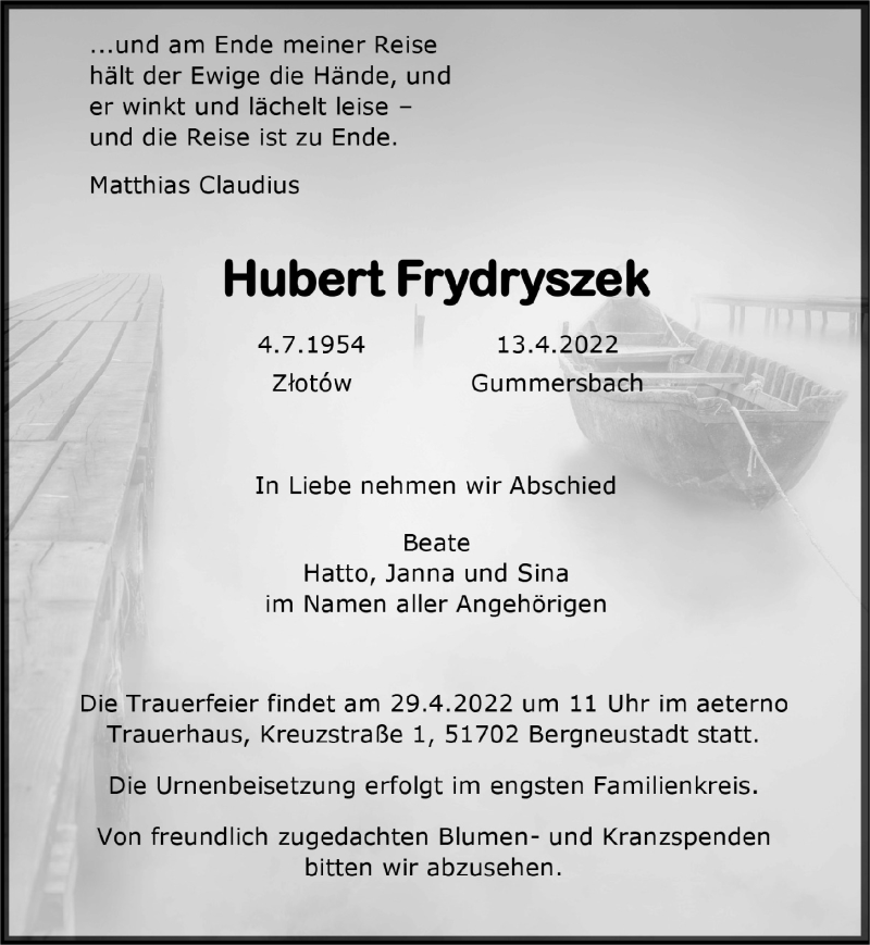  Traueranzeige für Hubert Frydryszek vom 22.04.2022 aus  Anzeigen Echo 