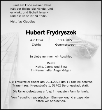Anzeige von Hubert Frydryszek von Kölner Stadt-Anzeiger / Kölnische Rundschau / Express