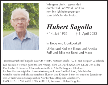 Anzeige von Hubert Sagolla von  Bergisches Handelsblatt 