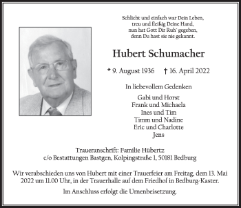 Anzeige von Hubert Schumacher von  Werbepost 