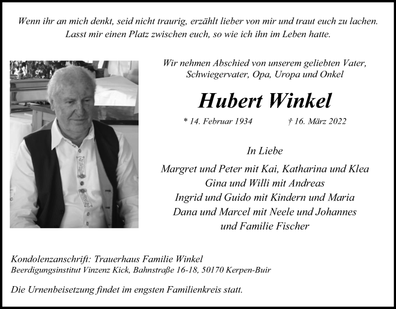  Traueranzeige für Hubert Winkel vom 02.04.2022 aus Kölner Stadt-Anzeiger / Kölnische Rundschau / Express