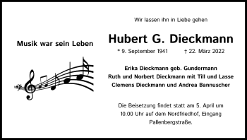 Anzeige von Hubert G. Dieckmann von Kölner Stadt-Anzeiger / Kölnische Rundschau / Express