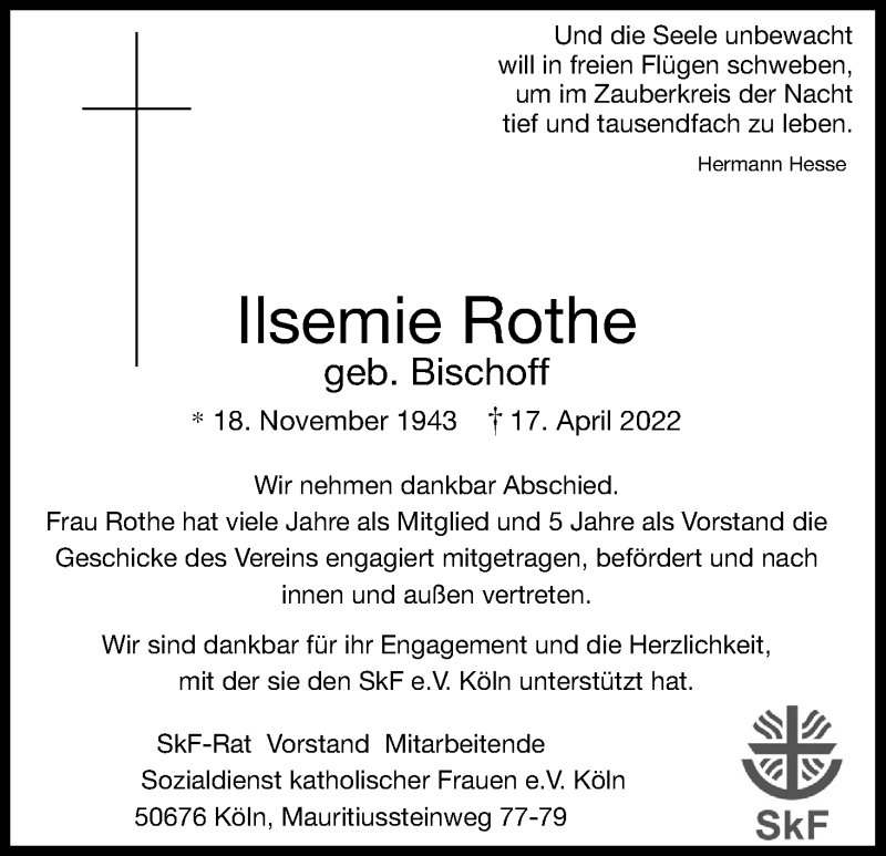  Traueranzeige für Ilsemie Rothe vom 30.04.2022 aus Kölner Stadt-Anzeiger / Kölnische Rundschau / Express