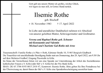 Anzeige von Ilsemie Rothe von Kölner Stadt-Anzeiger / Kölnische Rundschau / Express