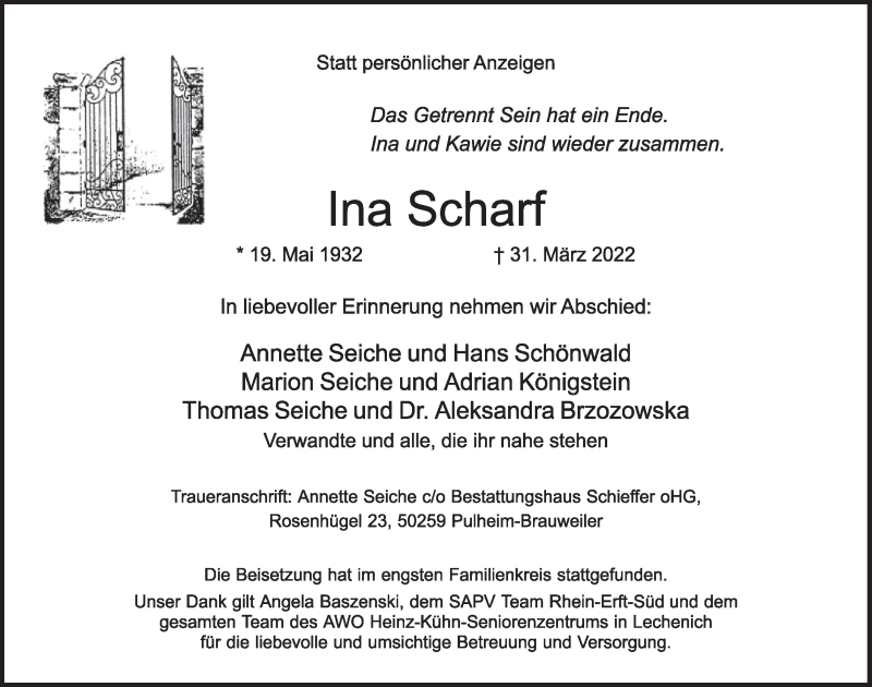  Traueranzeige für Ina Scharf vom 14.04.2022 aus  Werbepost 