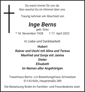 Anzeige von Inge Berns von  EXPRESS - Die Woche 
