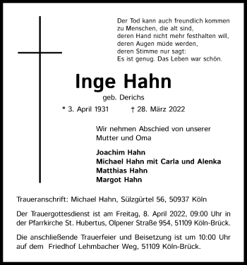Anzeige von Inge Hahn von Kölner Stadt-Anzeiger / Kölnische Rundschau / Express