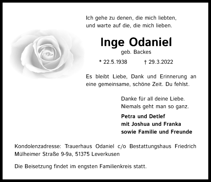  Traueranzeige für Inge Odaniel vom 02.04.2022 aus Kölner Stadt-Anzeiger / Kölnische Rundschau / Express