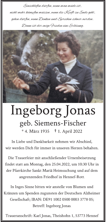 Anzeige von Ingeborg Jonas von Kölner Stadt-Anzeiger / Kölnische Rundschau / Express