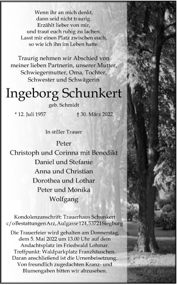 Anzeige von Ingeborg Schunkert von Kölner Stadt-Anzeiger / Kölnische Rundschau / Express