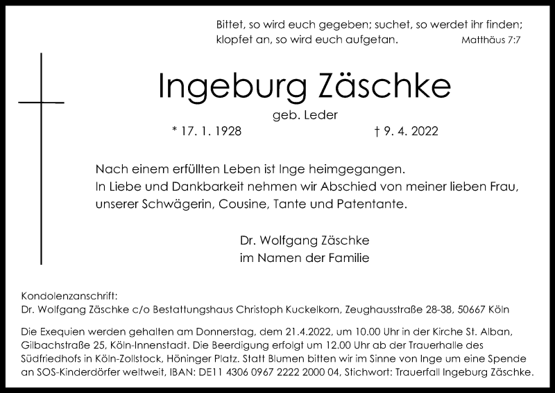  Traueranzeige für Ingeburg Zäschke vom 16.04.2022 aus Kölner Stadt-Anzeiger / Kölnische Rundschau / Express