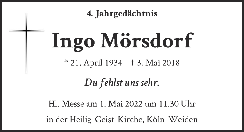  Traueranzeige für Ingo, Elfriede & Monika Mörsdorf vom 22.04.2022 aus  EXPRESS - Die Woche 
