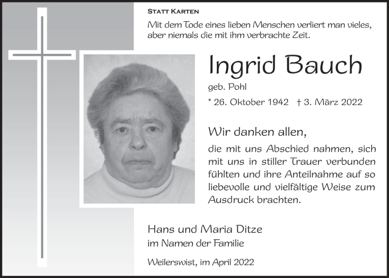  Traueranzeige für Ingrid Bauch vom 02.04.2022 aus  Blickpunkt Euskirchen 