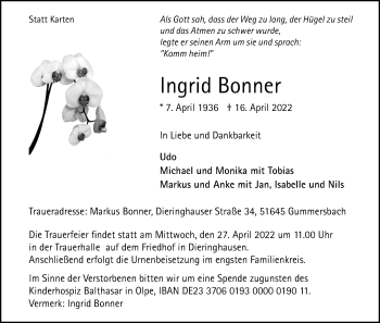 Anzeige von Ingrid Bonner von Kölner Stadt-Anzeiger / Kölnische Rundschau / Express