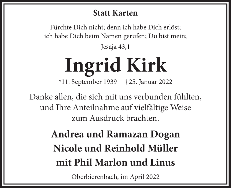  Traueranzeige für Ingrid Kirk vom 08.04.2022 aus  Lokalanzeiger 
