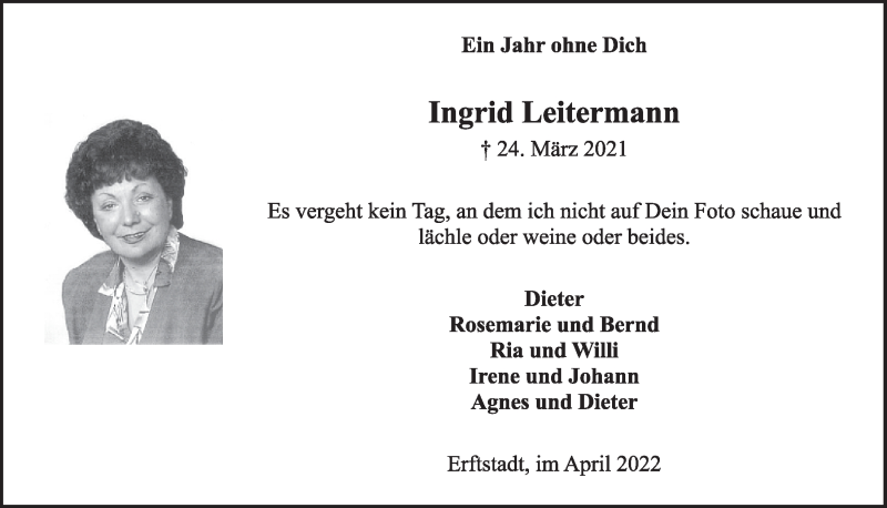  Traueranzeige für Ingrid Leitermann vom 14.04.2022 aus  Werbepost 