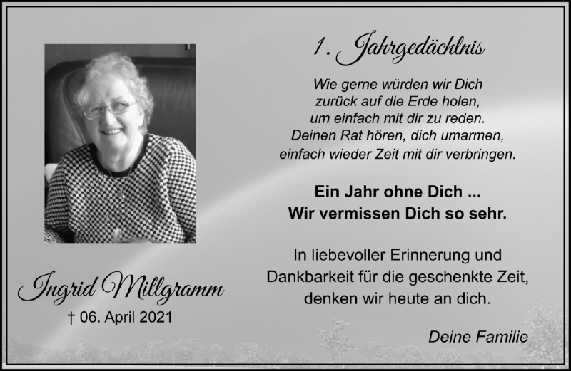  Traueranzeige für Ingrid Millgramm vom 08.04.2022 aus  Wochenende 