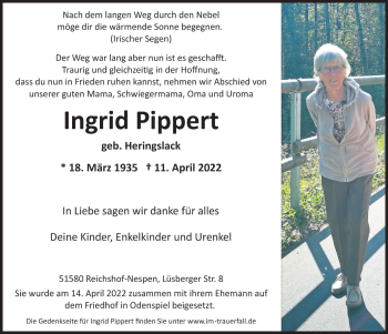 Anzeige von Ingrid Pippert von  Lokalanzeiger 