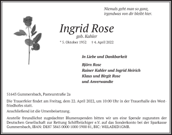 Anzeige von Ingrid Rose von  Anzeigen Echo 