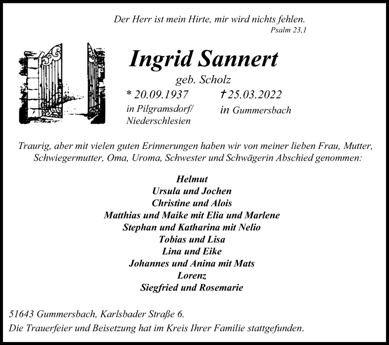  Traueranzeige für Ingrid Sannert vom 09.04.2022 aus Kölner Stadt-Anzeiger / Kölnische Rundschau / Express