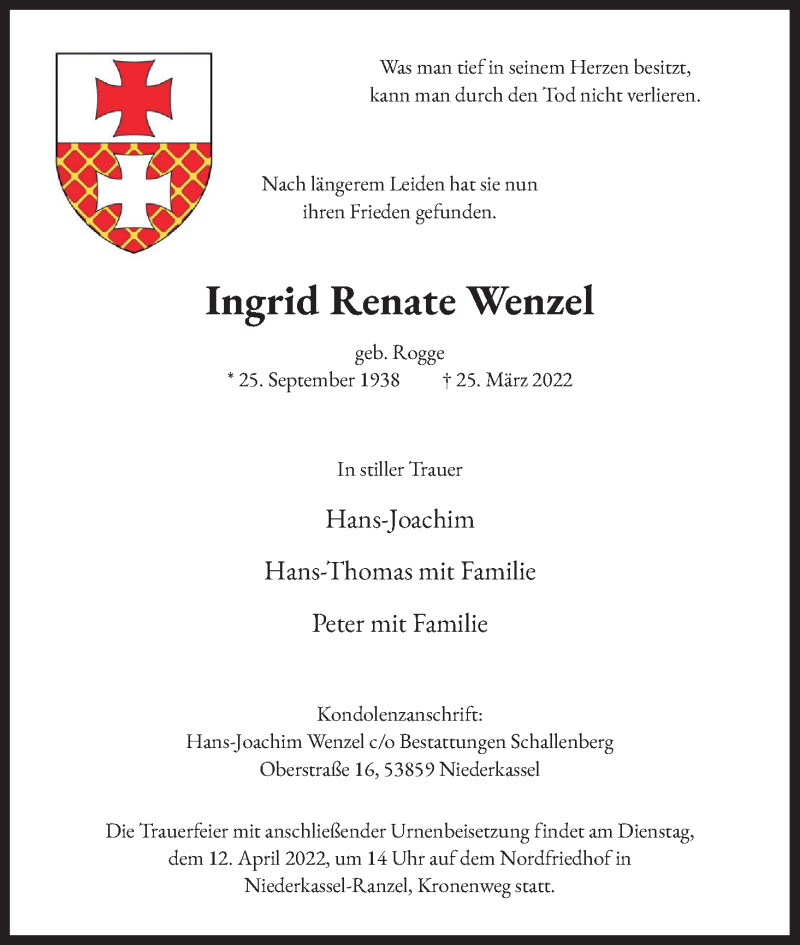  Traueranzeige für Ingrid Renate Wenzel vom 02.04.2022 aus Kölner Stadt-Anzeiger / Kölnische Rundschau / Express