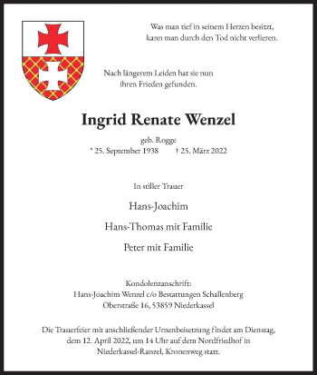 Anzeige von Ingrid Renate Wenzel von Kölner Stadt-Anzeiger / Kölnische Rundschau / Express