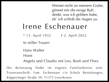 Anzeige von Irene Eschenauer von Kölner Stadt-Anzeiger / Kölnische Rundschau / Express
