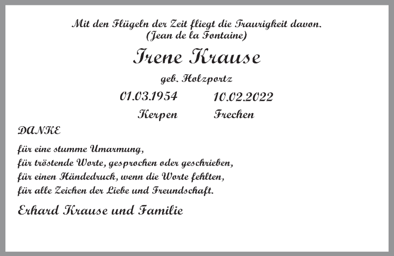  Traueranzeige für Irene Krause vom 14.04.2022 aus  Werbepost 