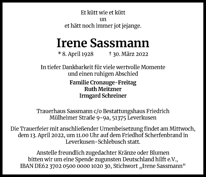  Traueranzeige für Irene Sassmann vom 05.04.2022 aus Kölner Stadt-Anzeiger / Kölnische Rundschau / Express