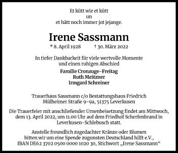 Anzeige von Irene Sassmann von Kölner Stadt-Anzeiger / Kölnische Rundschau / Express