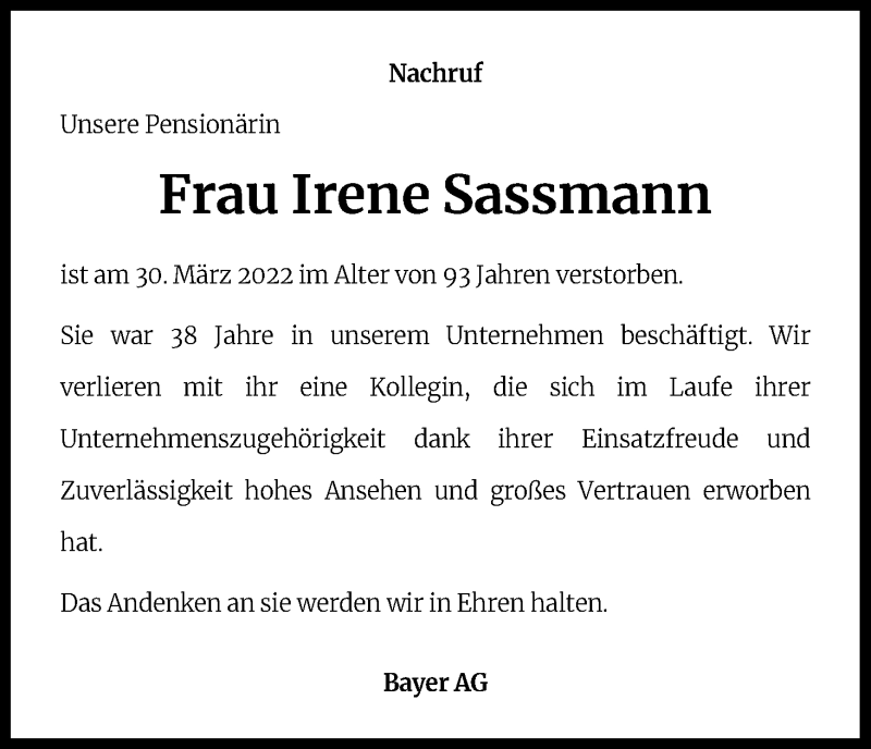  Traueranzeige für Irene Sassmann vom 08.04.2022 aus Kölner Stadt-Anzeiger / Kölnische Rundschau / Express