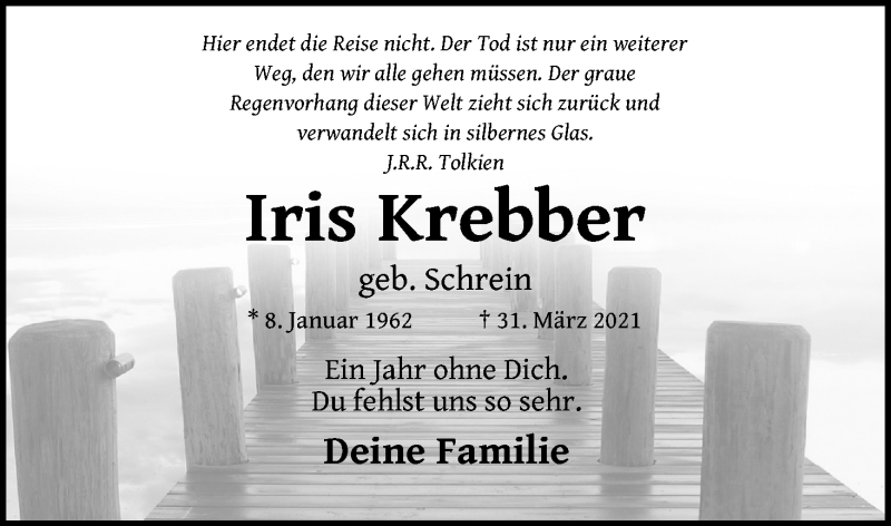  Traueranzeige für Iris Krebber vom 02.04.2022 aus Kölner Stadt-Anzeiger / Kölnische Rundschau / Express