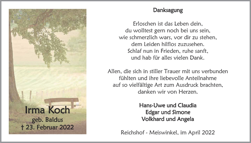  Traueranzeige für Irma Koch vom 29.04.2022 aus  Lokalanzeiger 
