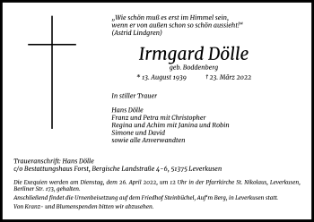 Anzeige von Irmgard Dölle von Kölner Stadt-Anzeiger / Kölnische Rundschau / Express