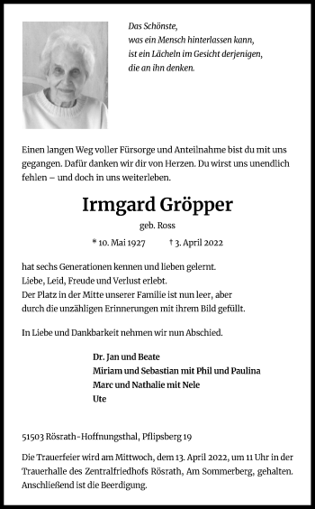 Anzeige von Irmgard Gröpper von Kölner Stadt-Anzeiger / Kölnische Rundschau / Express