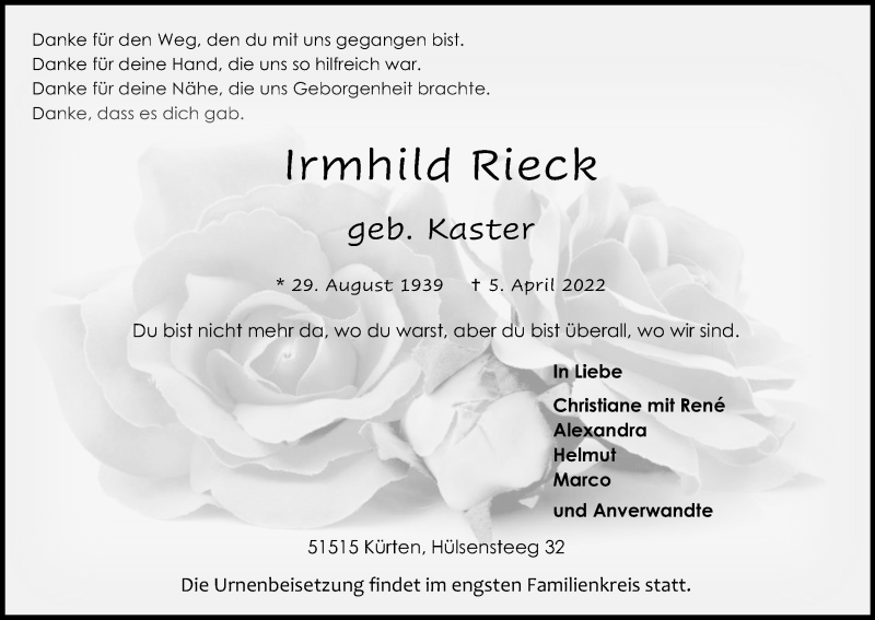  Traueranzeige für Irmhild Rieck vom 09.04.2022 aus Kölner Stadt-Anzeiger / Kölnische Rundschau / Express