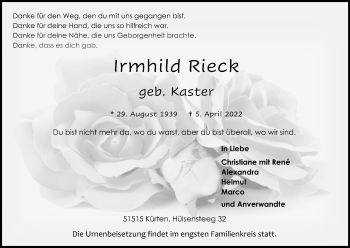 Anzeige von Irmhild Rieck von Kölner Stadt-Anzeiger / Kölnische Rundschau / Express