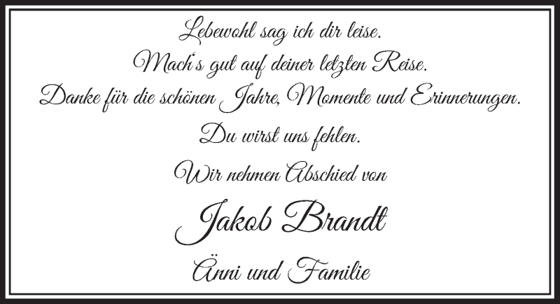  Traueranzeige für Jakob Brandt vom 29.04.2022 aus  Werbepost 