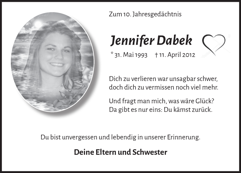  Traueranzeige für Jennifer Dabek vom 09.04.2022 aus  Blickpunkt Euskirchen 