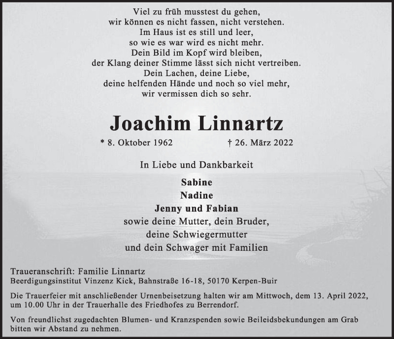  Traueranzeige für Joachim Linnartz vom 08.04.2022 aus  Werbepost 
