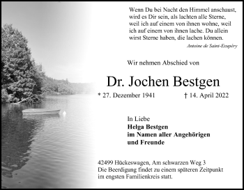 Anzeige von Jochen Bestgen von Kölner Stadt-Anzeiger / Kölnische Rundschau / Express