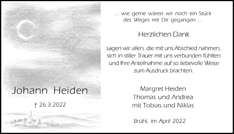  Traueranzeige für Johann Heiden vom 22.04.2022 aus  Schlossbote/Werbekurier 