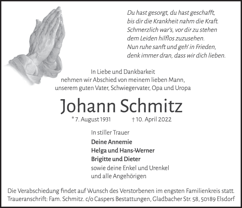  Traueranzeige für Johann Schmitz vom 22.04.2022 aus  Werbepost 