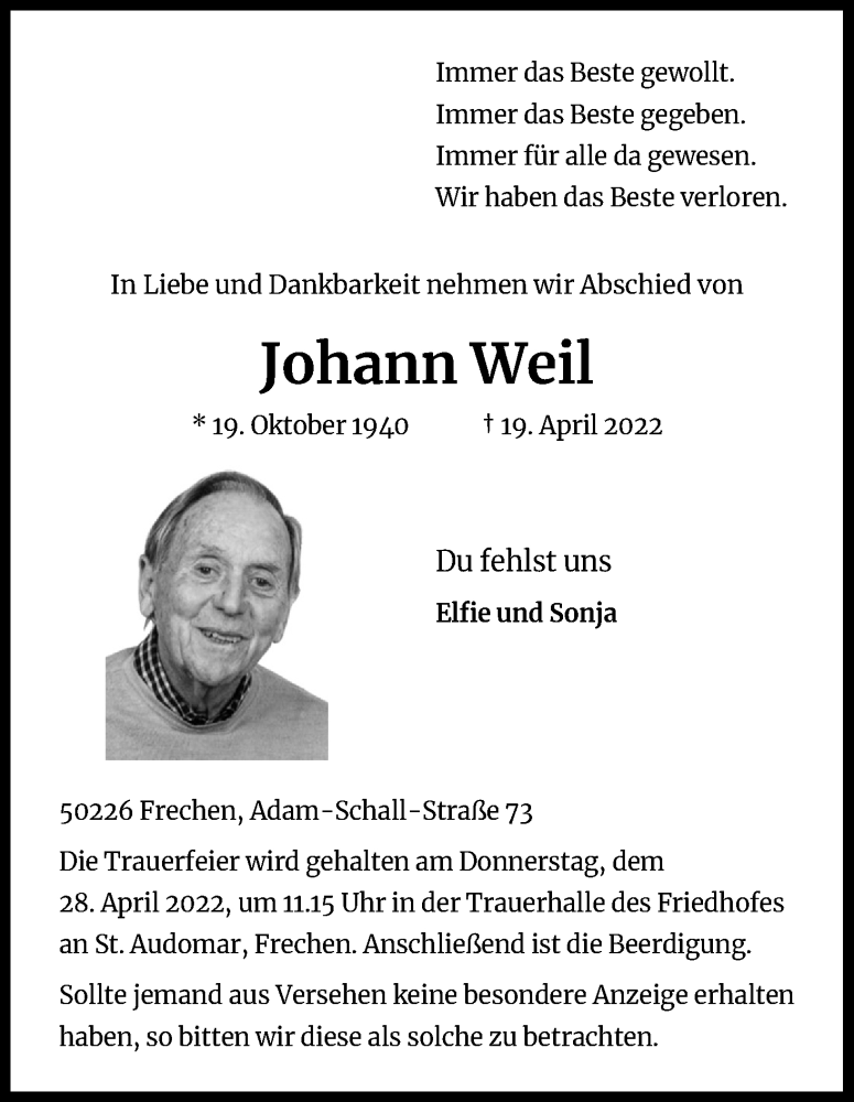  Traueranzeige für Johann Weil vom 23.04.2022 aus Kölner Stadt-Anzeiger / Kölnische Rundschau / Express