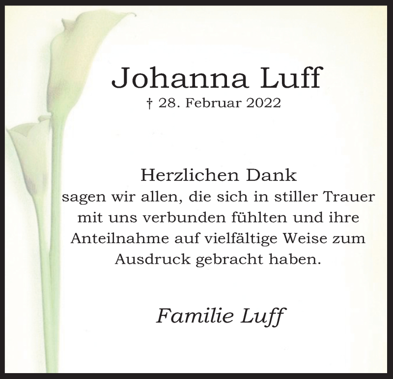  Traueranzeige für Johanna Luff vom 09.04.2022 aus Kölner Stadt-Anzeiger / Kölnische Rundschau / Express