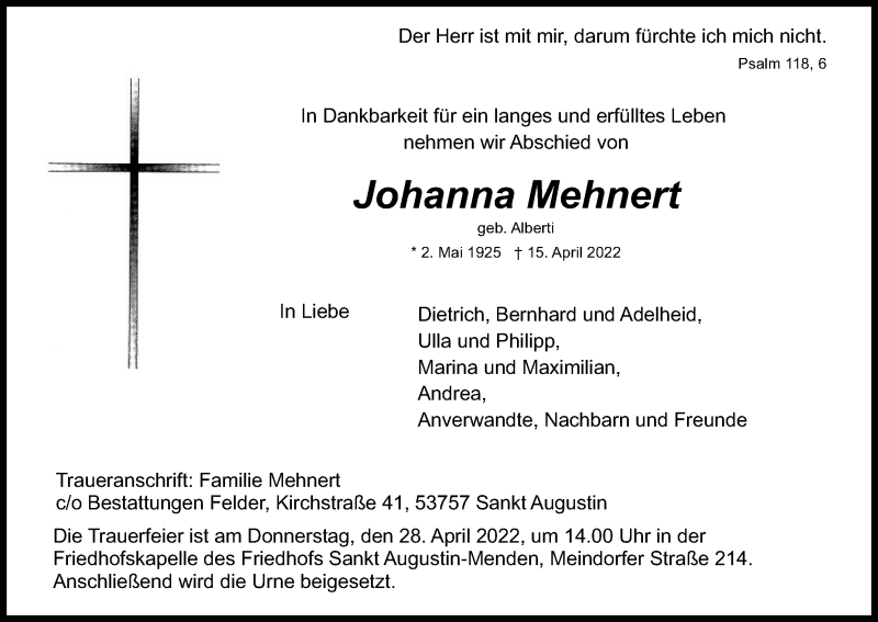  Traueranzeige für Johanna Mehnert vom 23.04.2022 aus Kölner Stadt-Anzeiger / Kölnische Rundschau / Express