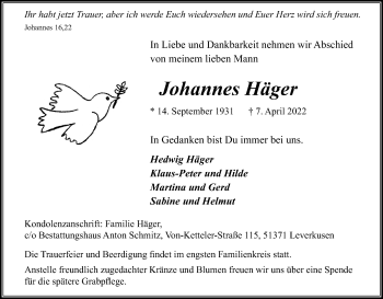 Anzeige von Johannes Häger von Kölner Stadt-Anzeiger / Kölnische Rundschau / Express