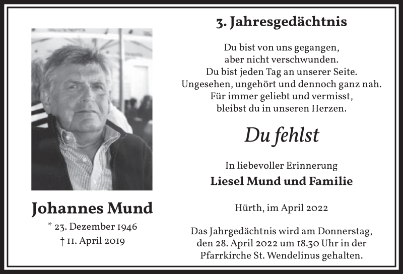  Traueranzeige für Johannes Mund vom 08.04.2022 aus  Wochenende 